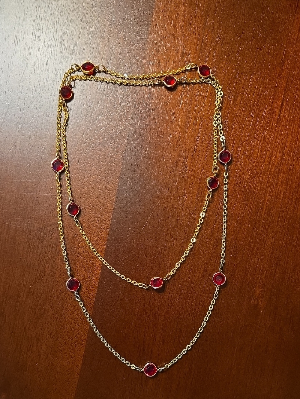 Gold Chain Necklace with Red Gem Bezel Accents